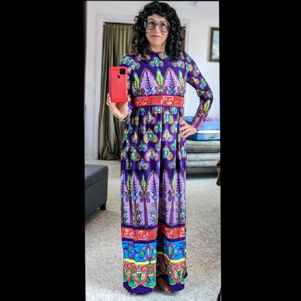 SOLD Vintage 70s Maxi High Waist Long Sleeved Dress with purple paisley pattern